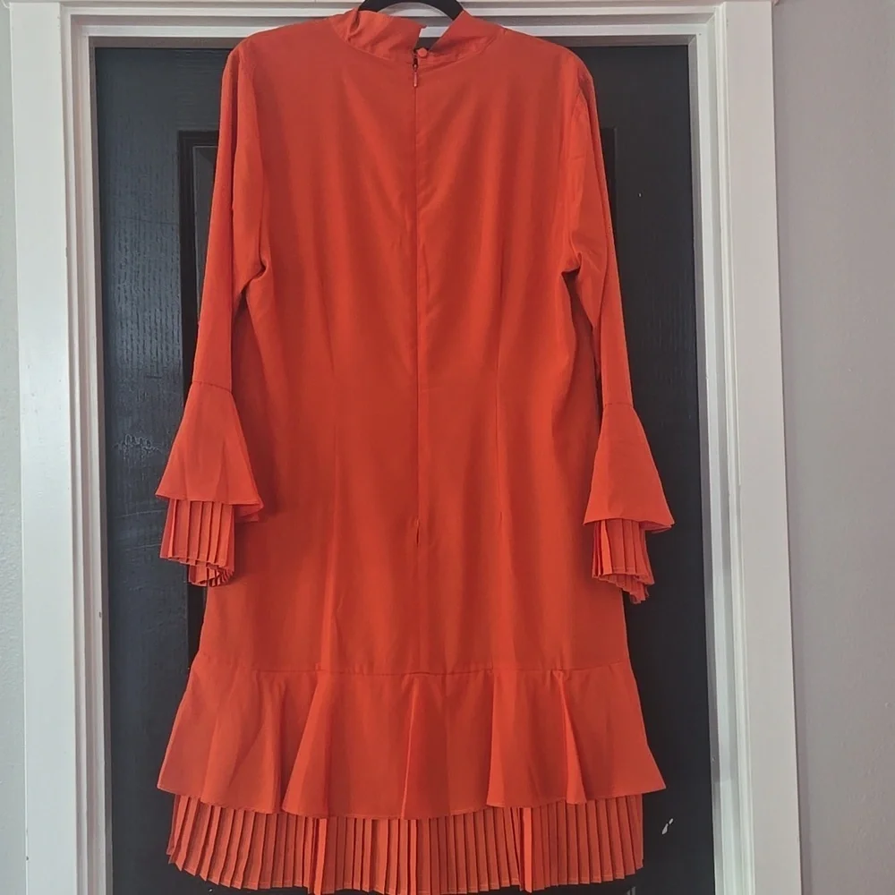 NWT Tahari ASL Burnt Orange Pleated Trim Tie Neck Dress Size 14 - Picture 6 of 15